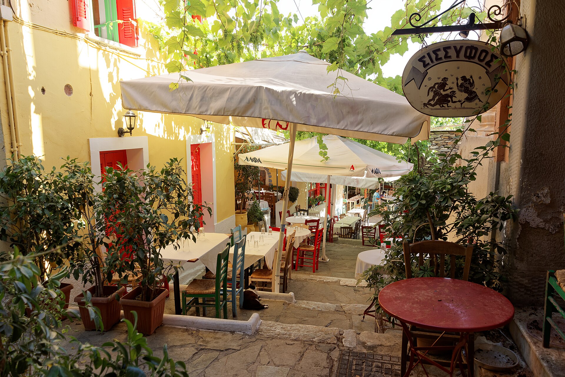 Taverna-lined street in Plaka, Athens